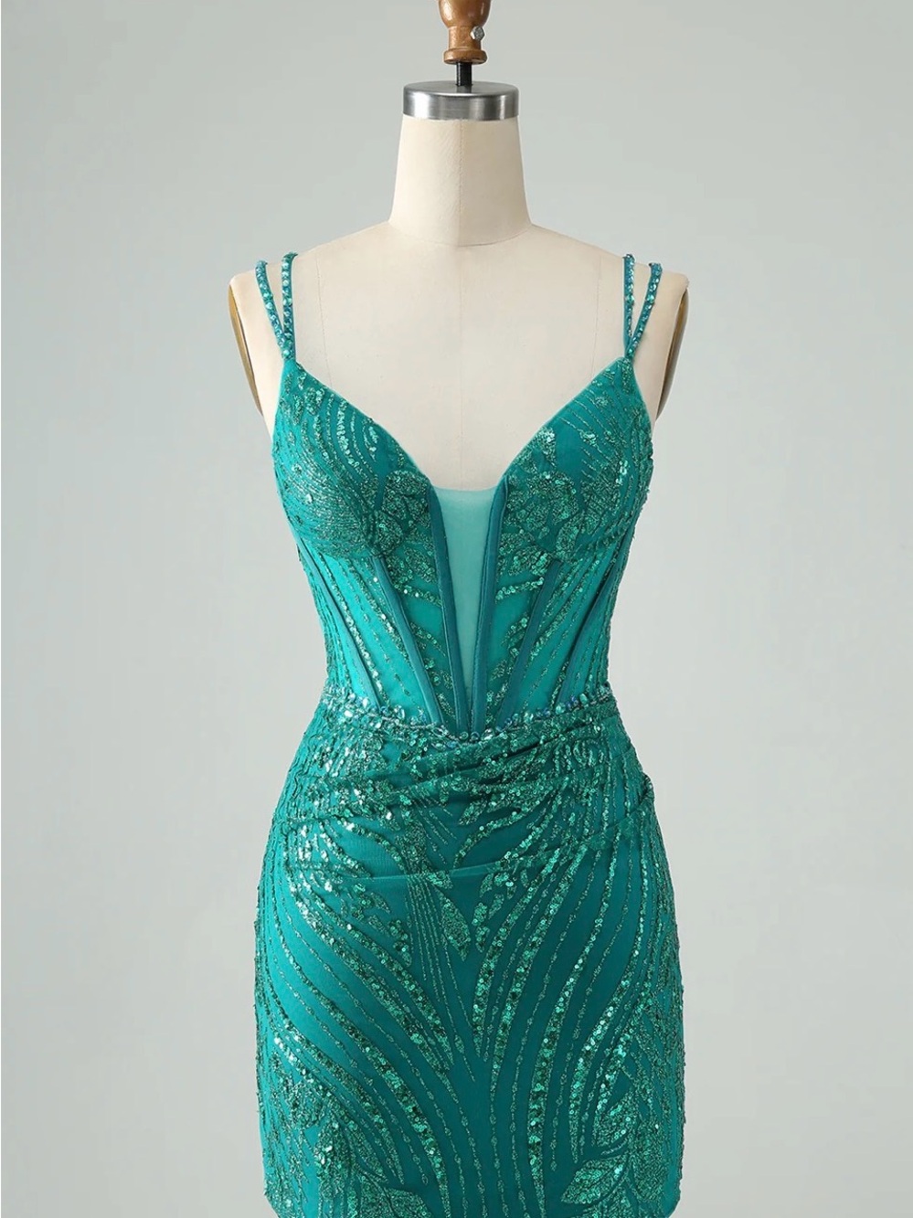 Teal Sequin Sheath Dress with Double Straps